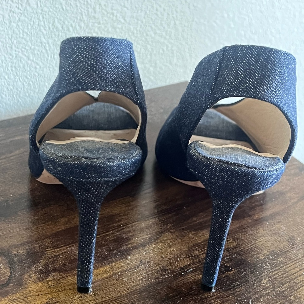 Jimmy Choo Denim Peep-Toe Wedge Slingbacks in Dark Blue - Picture 4 of 7